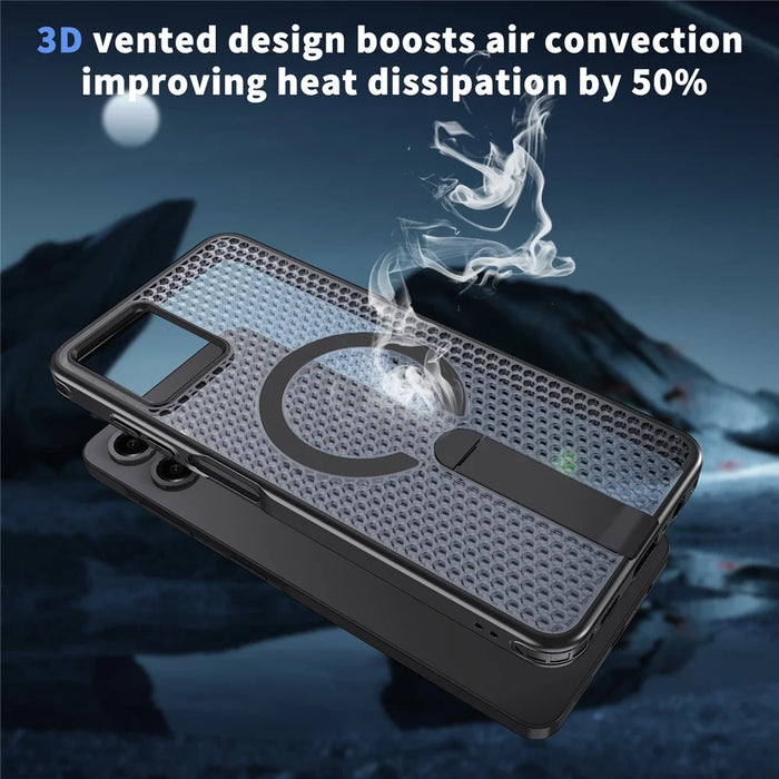 For Samsung Galaxy A06 4G Magnetic Case Kickstand Grid Texture TPU PC Phone Back Cover - Black - 7