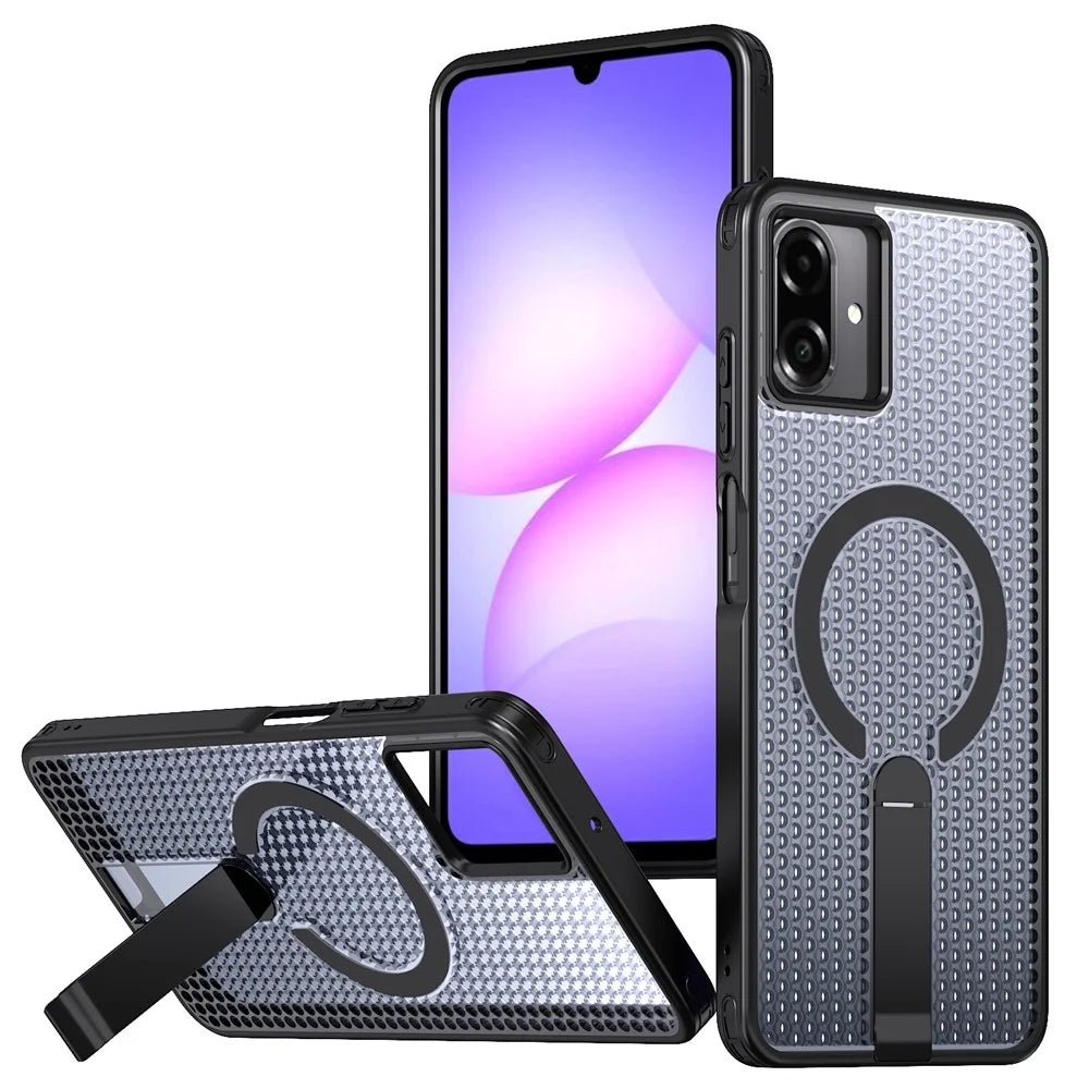 For Samsung Galaxy A08 5G / A07 5G / A07 4G Magnetic Case Kickstand Grid Texture TPU PC Phone Back Cover - Black - 1