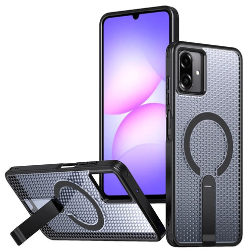 For Samsung Galaxy A08 5G / A07 5G / A07 4G Magnetic Case Kickstand Grid Texture TPU PC Phone Back Cover - Black - 1