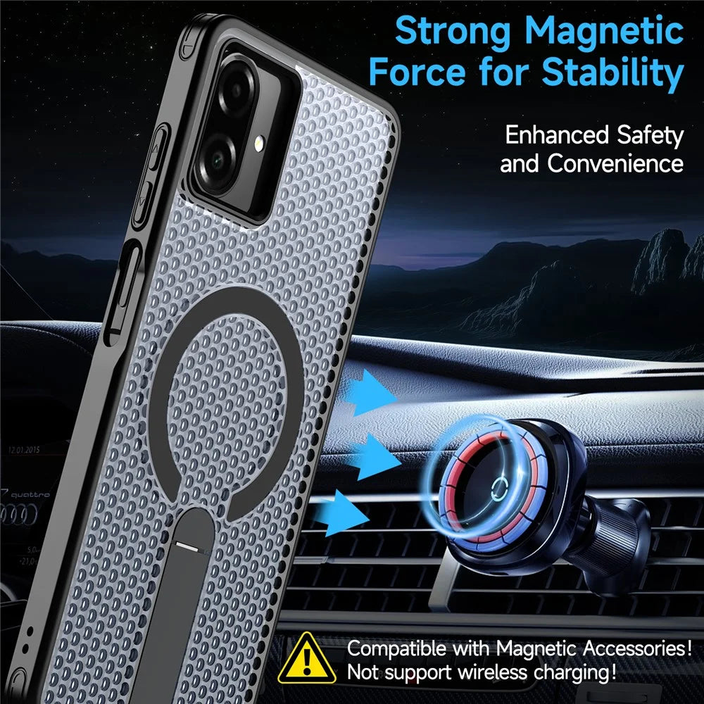 For Samsung Galaxy A08 5G / A07 5G / A07 4G Magnetic Case Kickstand Grid Texture TPU PC Phone Back Cover - Black - 2