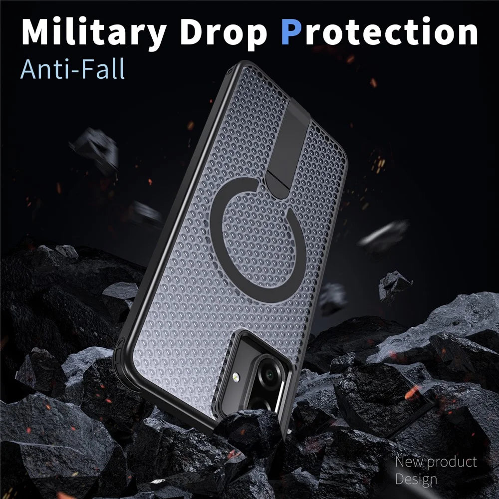 For Samsung Galaxy A08 5G / A07 5G / A07 4G Magnetic Case Kickstand Grid Texture TPU PC Phone Back Cover - Black - 3