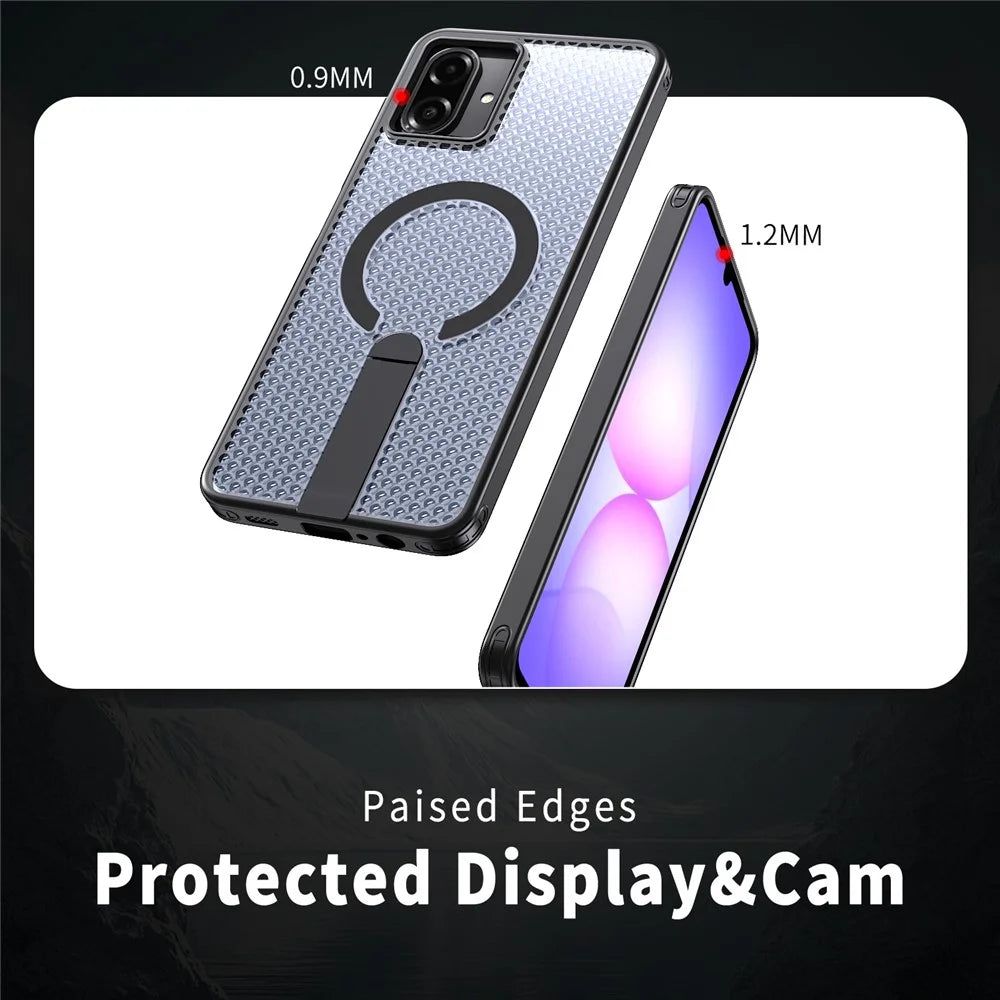 For Samsung Galaxy A08 5G / A07 5G / A07 4G Magnetic Case Kickstand Grid Texture TPU PC Phone Back Cover - Black - 4