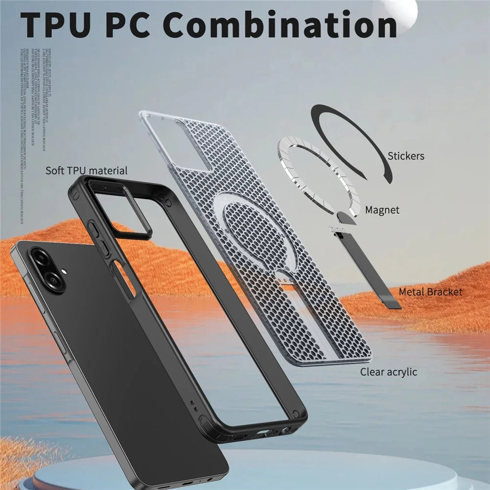 For Samsung Galaxy A08 5G / A07 5G / A07 4G Magnetic Case Kickstand Grid Texture TPU PC Phone Back Cover - Black - 5