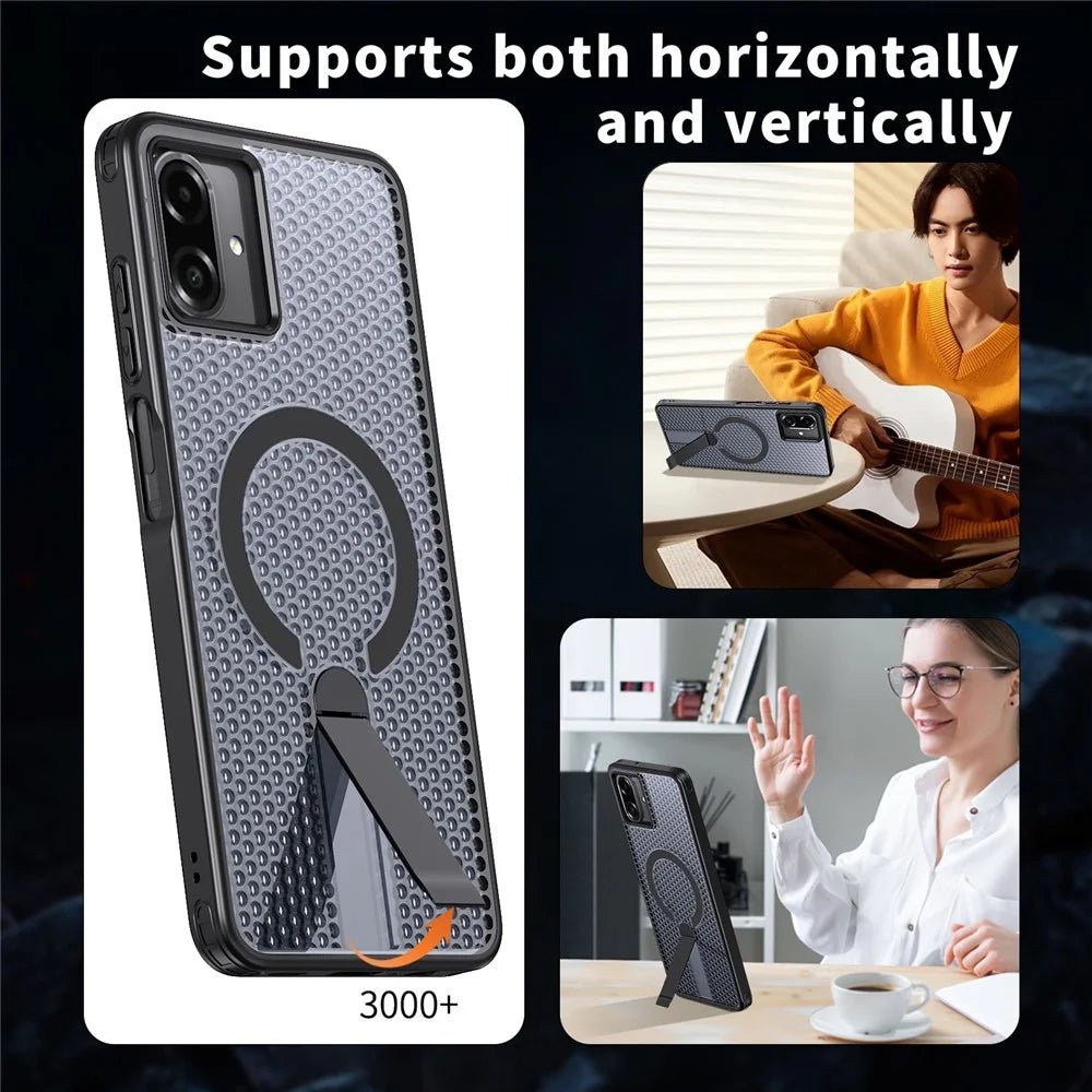 For Samsung Galaxy A08 5G / A07 5G / A07 4G Magnetic Case Kickstand Grid Texture TPU PC Phone Back Cover - Black - 6