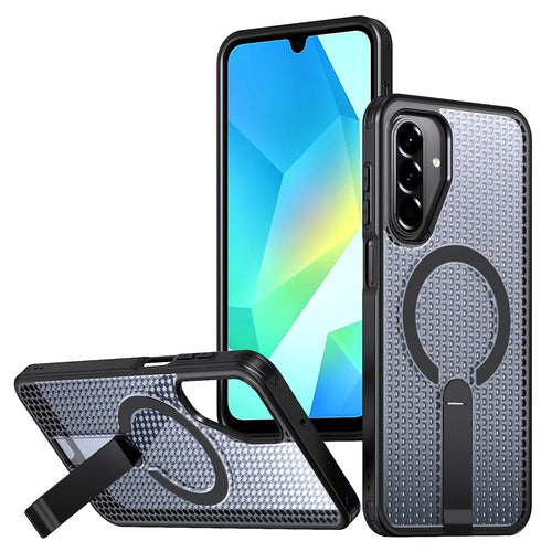 For Samsung Galaxy A18 5G /  A17 5G / A17 4G Magnetic Case Kickstand Grid Texture TPU PC Phone Back Cover - Black - 1