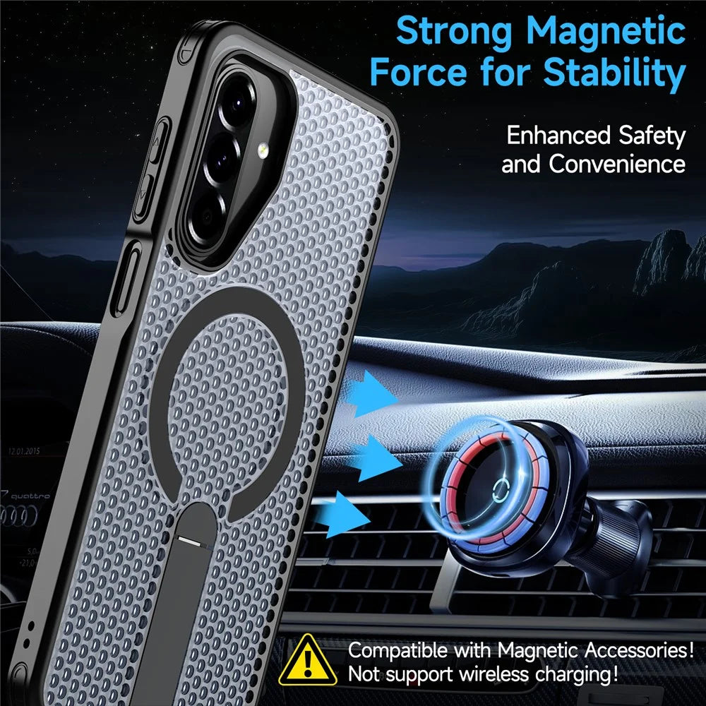 For Samsung Galaxy A18 5G /  A17 5G / A17 4G Magnetic Case Kickstand Grid Texture TPU PC Phone Back Cover - Black - 2