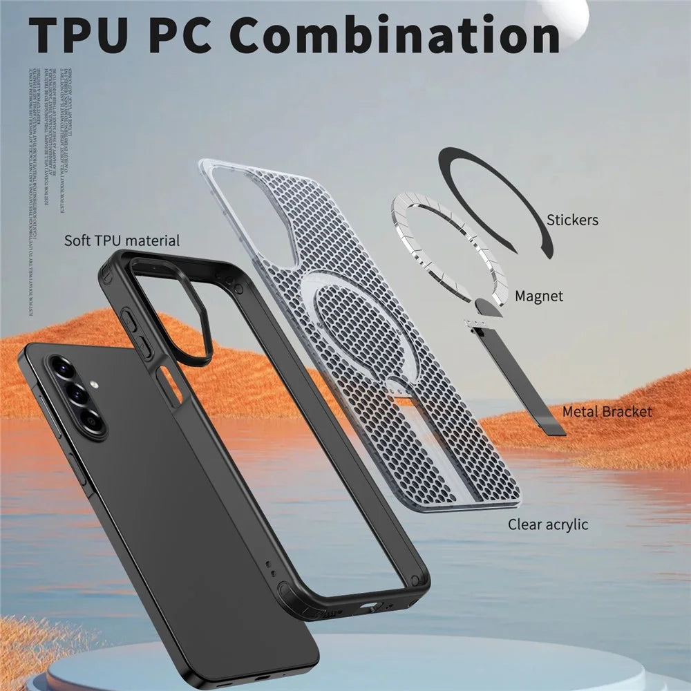 For Samsung Galaxy A18 5G /  A17 5G / A17 4G Magnetic Case Kickstand Grid Texture TPU PC Phone Back Cover - Black - 5