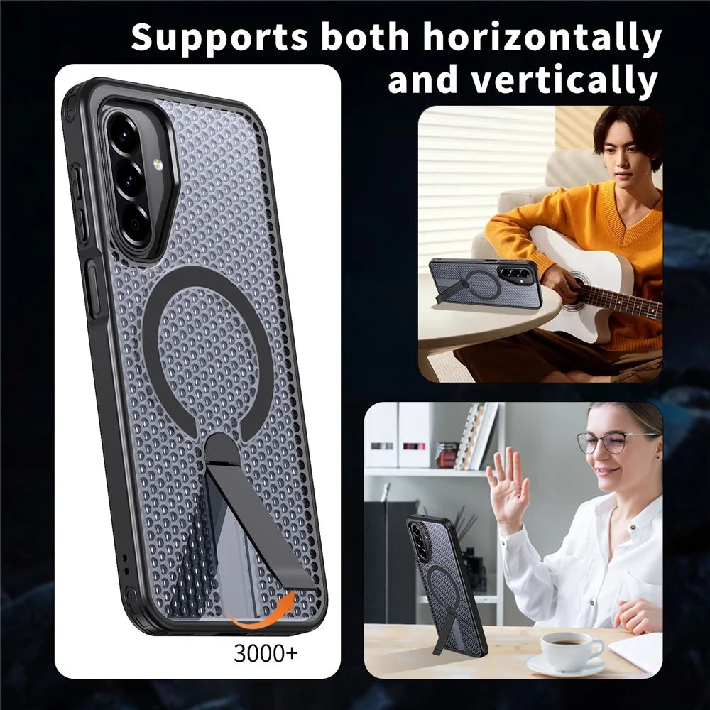 For Samsung Galaxy A18 5G /  A17 5G / A17 4G Magnetic Case Kickstand Grid Texture TPU PC Phone Back Cover - Black - 6