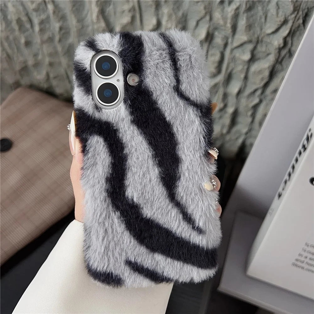 For iPhone 17 Case Zebra Pattern Soft Plush TPU Phone Cover - Grey - 2