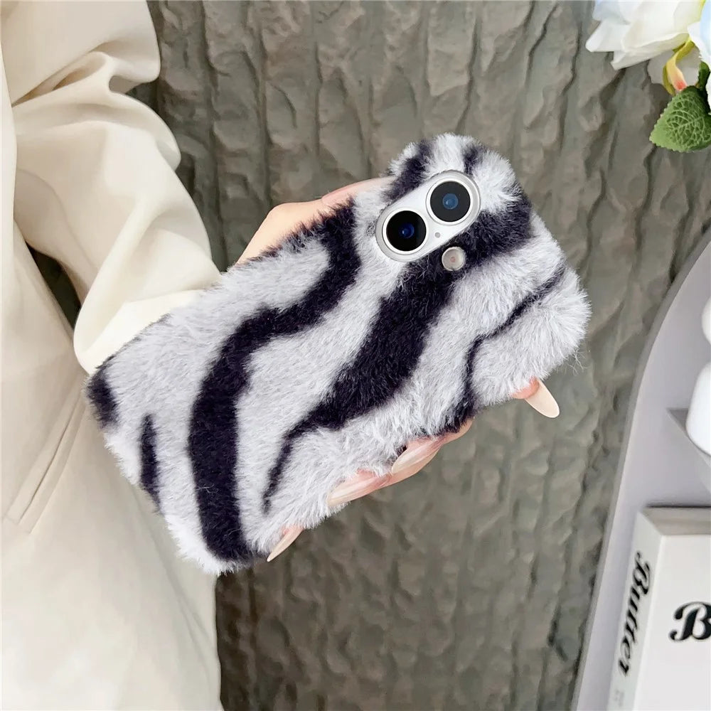 For iPhone 17 Case Zebra Pattern Soft Plush TPU Phone Cover - Grey - 3