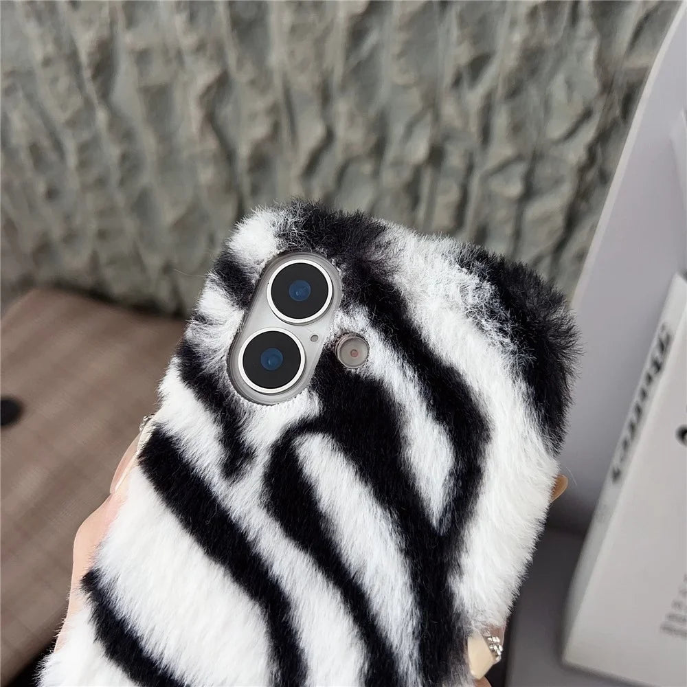 For iPhone 17 Case Zebra Pattern Soft Plush TPU Phone Cover - Grey - 7