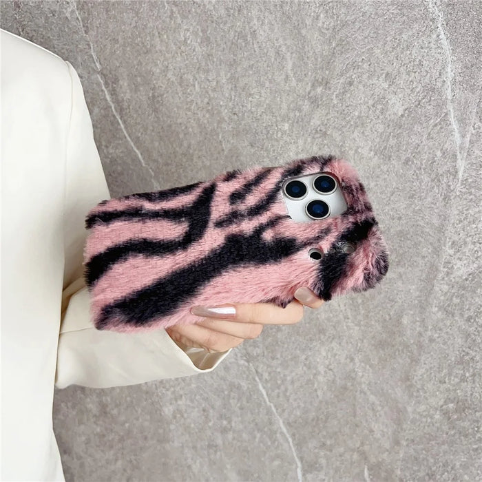 For iPhone 17 Pro Case Zebra Pattern Soft Plush TPU Phone Cover - Pink - 3
