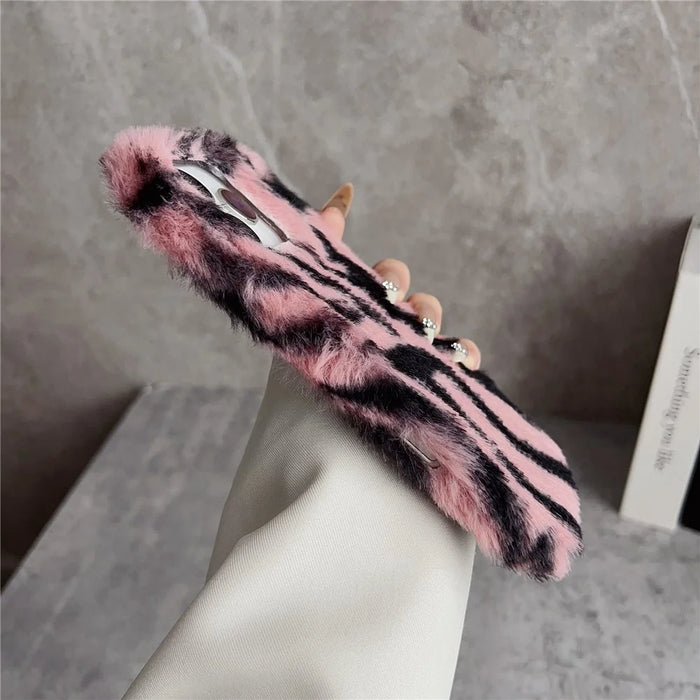 For iPhone 17 Pro Case Zebra Pattern Soft Plush TPU Phone Cover - Pink - 5