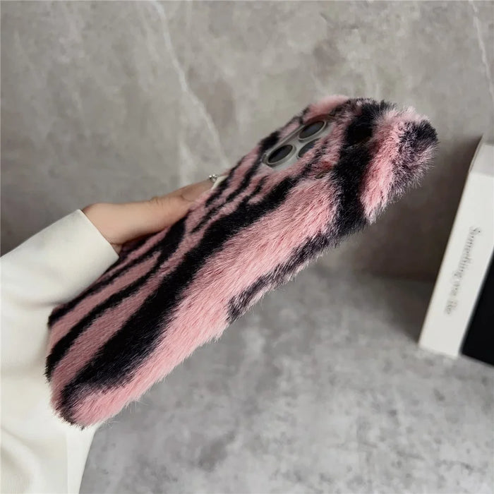 For iPhone 17 Pro Case Zebra Pattern Soft Plush TPU Phone Cover - Pink - 6