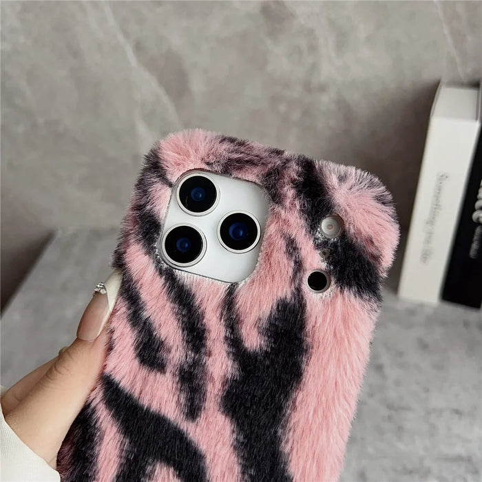 For iPhone 17 Pro Case Zebra Pattern Soft Plush TPU Phone Cover - Pink - 7