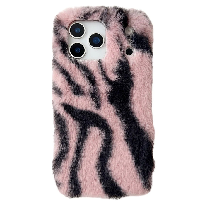 For iPhone 17 Pro Max Case Zebra Pattern Soft Plush TPU Phone Cover - Pink - 1