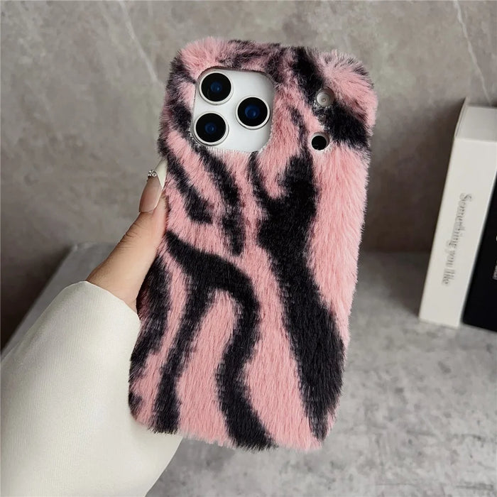 For iPhone 17 Pro Max Case Zebra Pattern Soft Plush TPU Phone Cover - Pink - 2