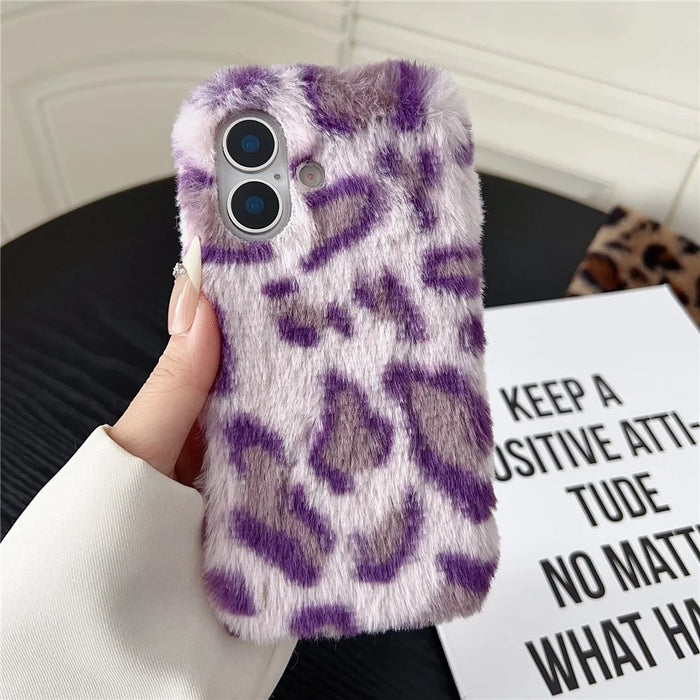 For iPhone 17 Case Leopard Pattern Fluffy Plush TPU Phone Cover - Purple - 2