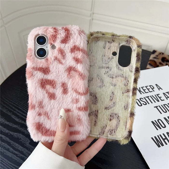 For iPhone 17 Case Leopard Pattern Fluffy Plush TPU Phone Cover - Purple - 7