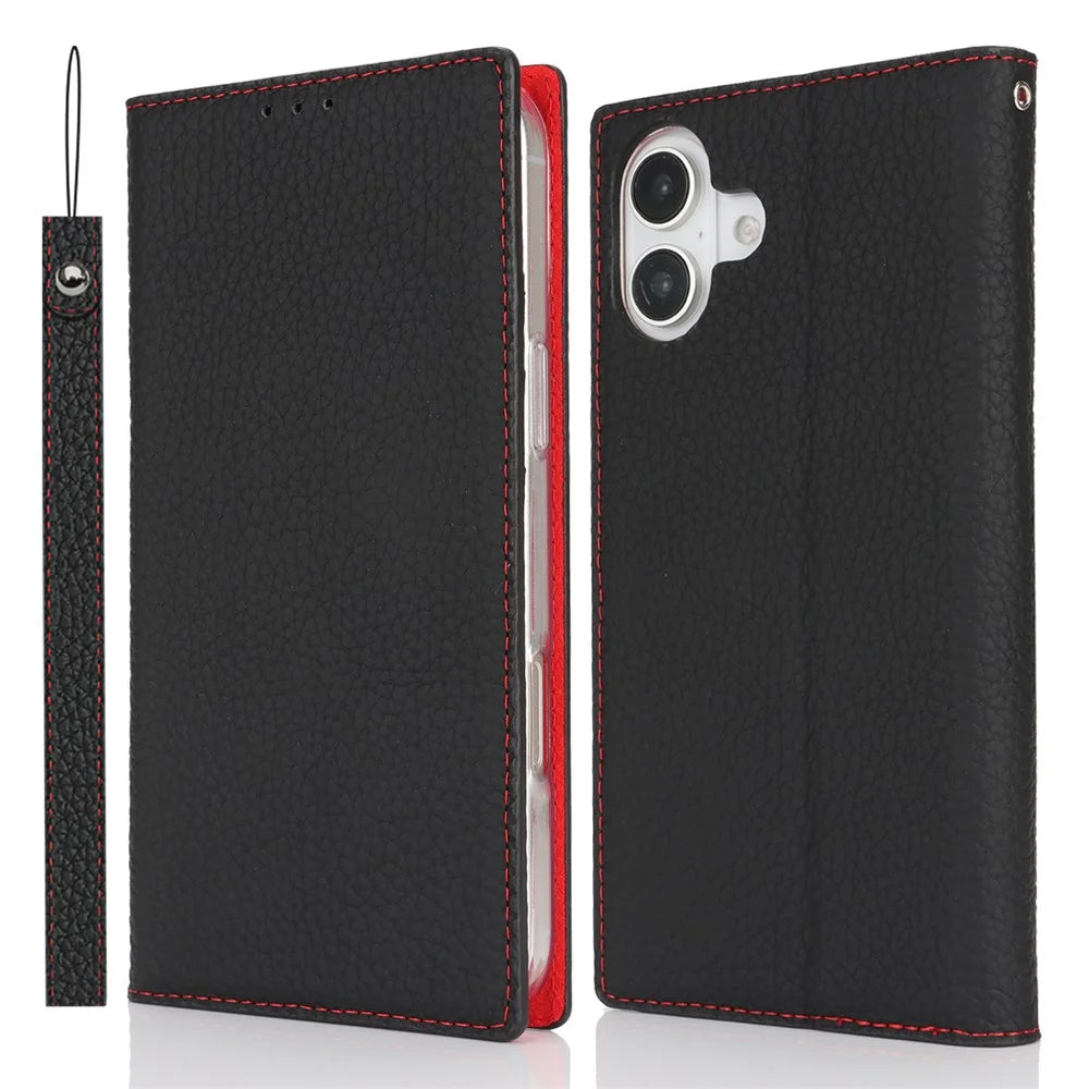 For iPhone 17 Wallet Case Genuine Cow Leather Phone Cover Litchi Texture - Black - 1
