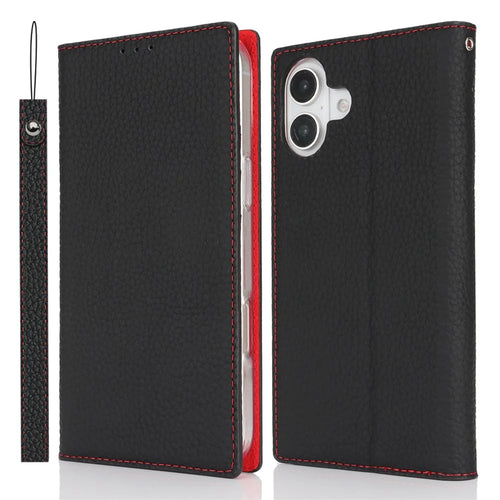 For iPhone 17 Wallet Case Genuine Cow Leather Phone Cover Litchi Texture - Black - 1