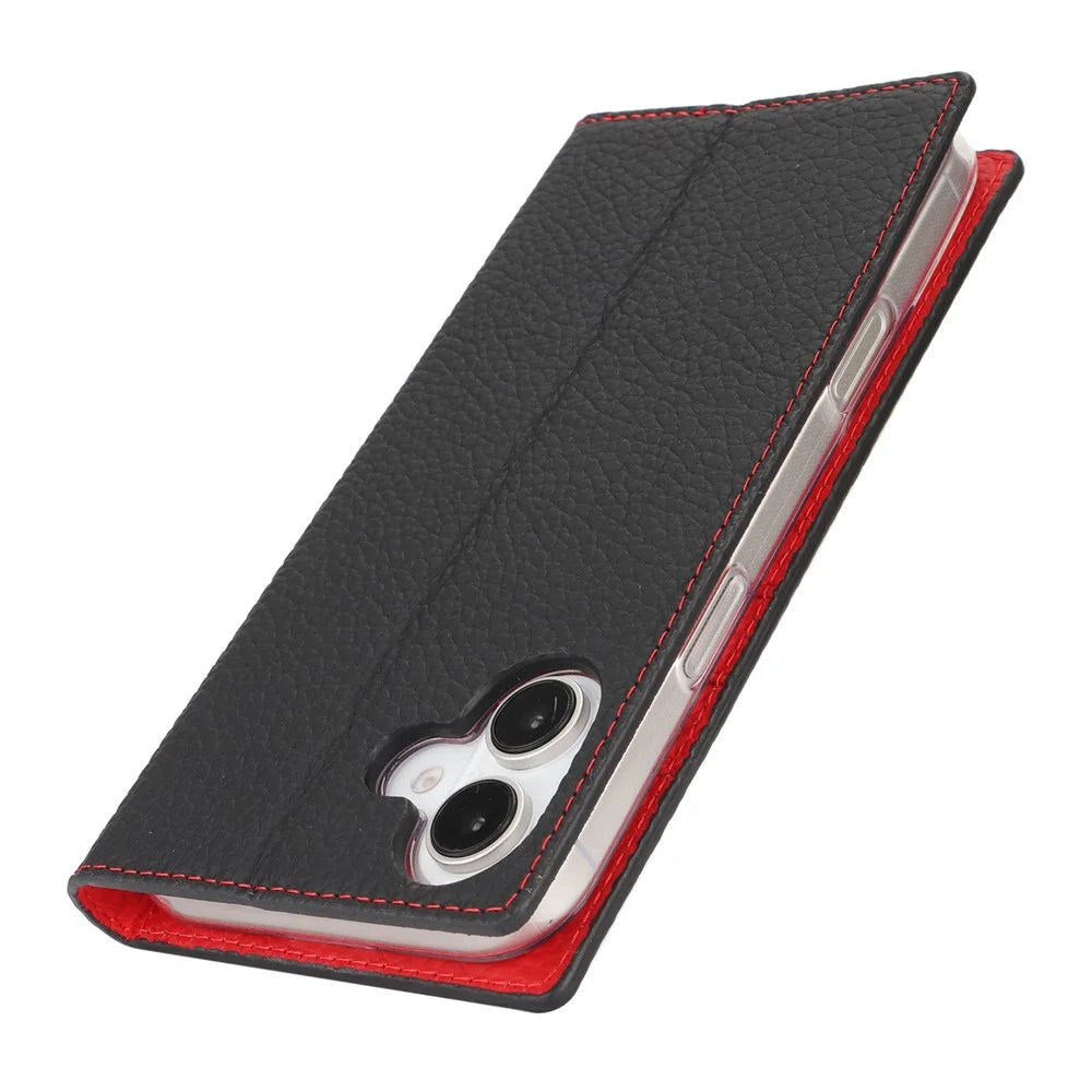 For iPhone 17 Wallet Case Genuine Cow Leather Phone Cover Litchi Texture - Black - 5