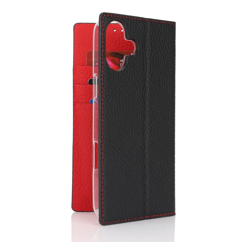 For iPhone 17 Wallet Case Genuine Cow Leather Phone Cover Litchi Texture - Black - 7