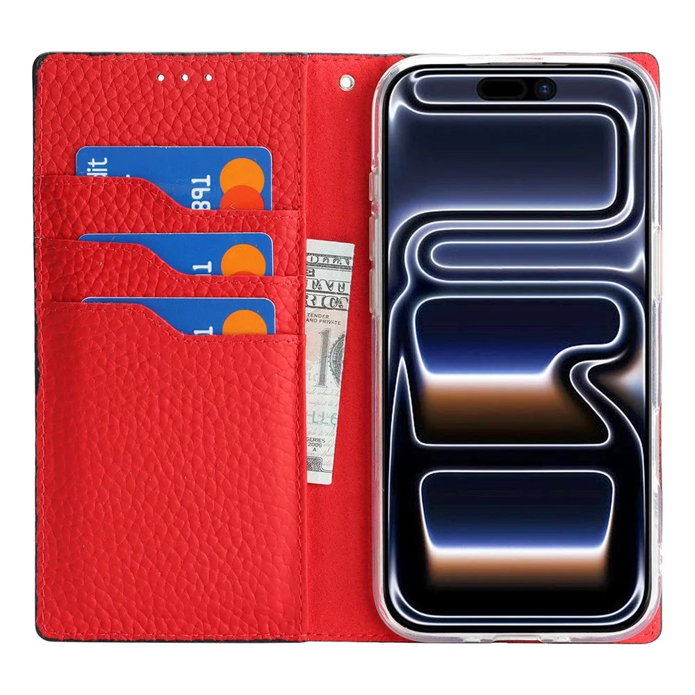For iPhone 18 Pro / 17 Pro Wallet Case Genuine Cow Leather Phone Cover Litchi Texture - Black - 3