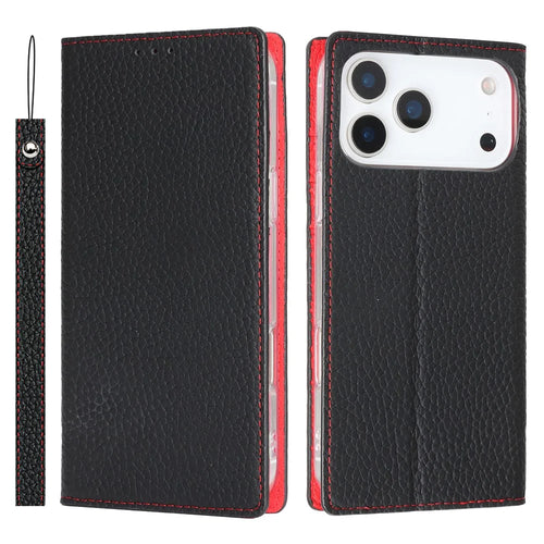 For iPhone 18 Pro Max / 17 Pro Max Wallet Case Genuine Cow Leather Phone Cover Litchi Texture - Black - 1