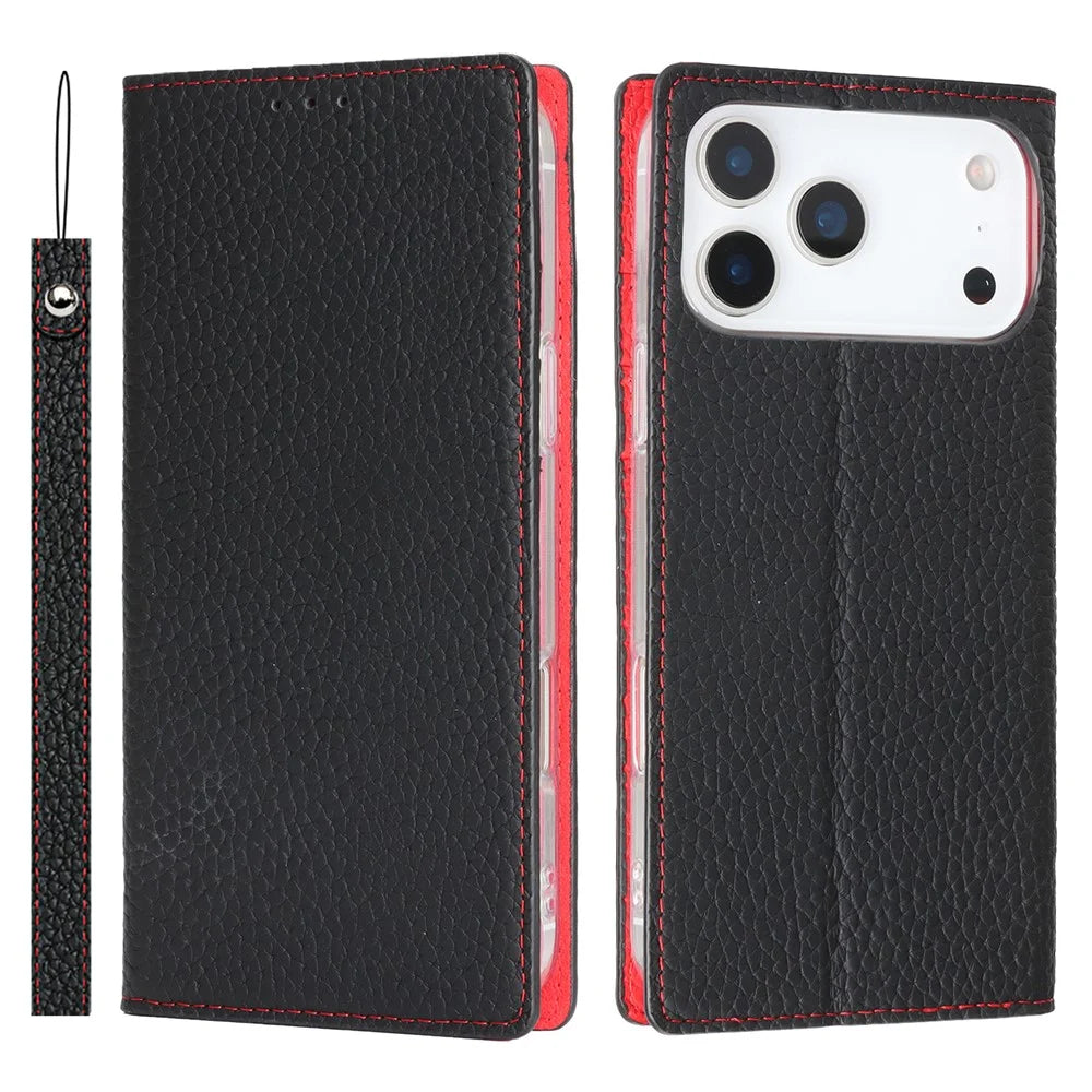 For iPhone 18 Pro Max / 17 Pro Max Wallet Case Genuine Cow Leather Phone Cover Litchi Texture - Black - 1