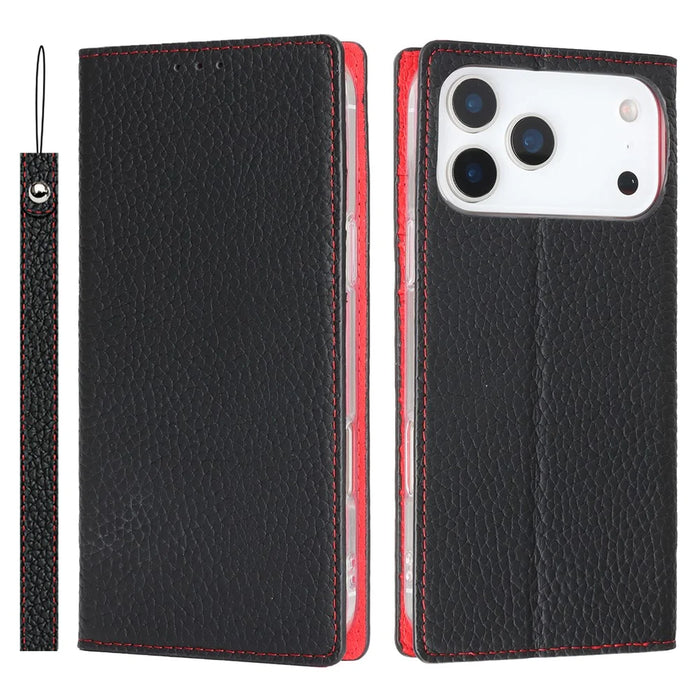 For iPhone 18 Pro Max / 17 Pro Max Wallet Case Genuine Cow Leather Phone Cover Litchi Texture - Black - 1