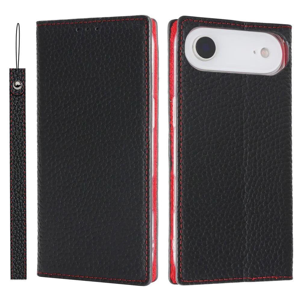 For iPhone Air Wallet Case Genuine Cow Leather Phone Cover Litchi Texture - Black - 1