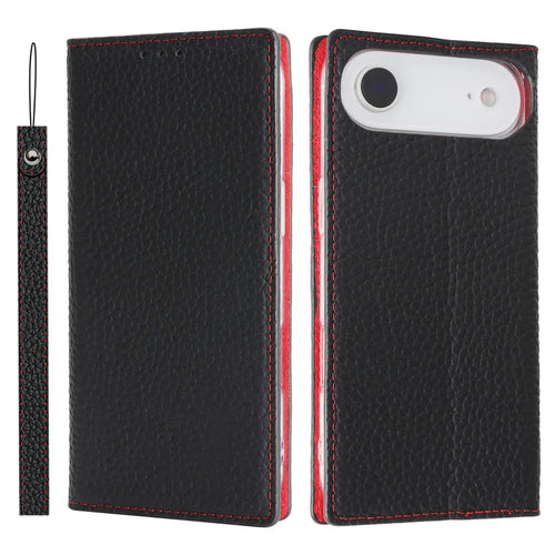 For iPhone Air Wallet Case Genuine Cow Leather Phone Cover Litchi Texture - Black - 1