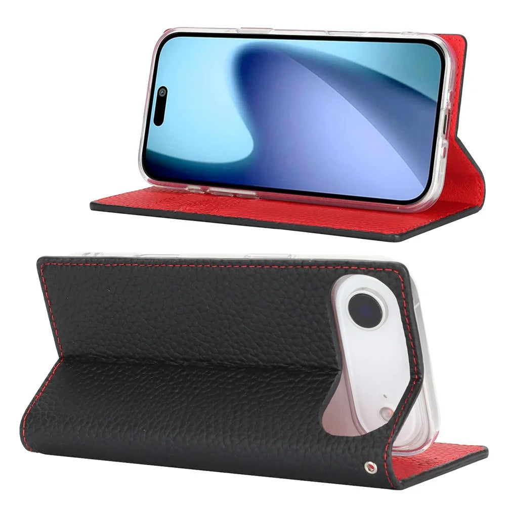 For iPhone Air Wallet Case Genuine Cow Leather Phone Cover Litchi Texture - Black - 2