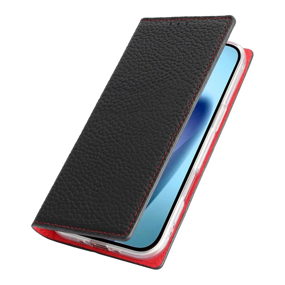 For iPhone Air Wallet Case Genuine Cow Leather Phone Cover Litchi Texture - Black - 4