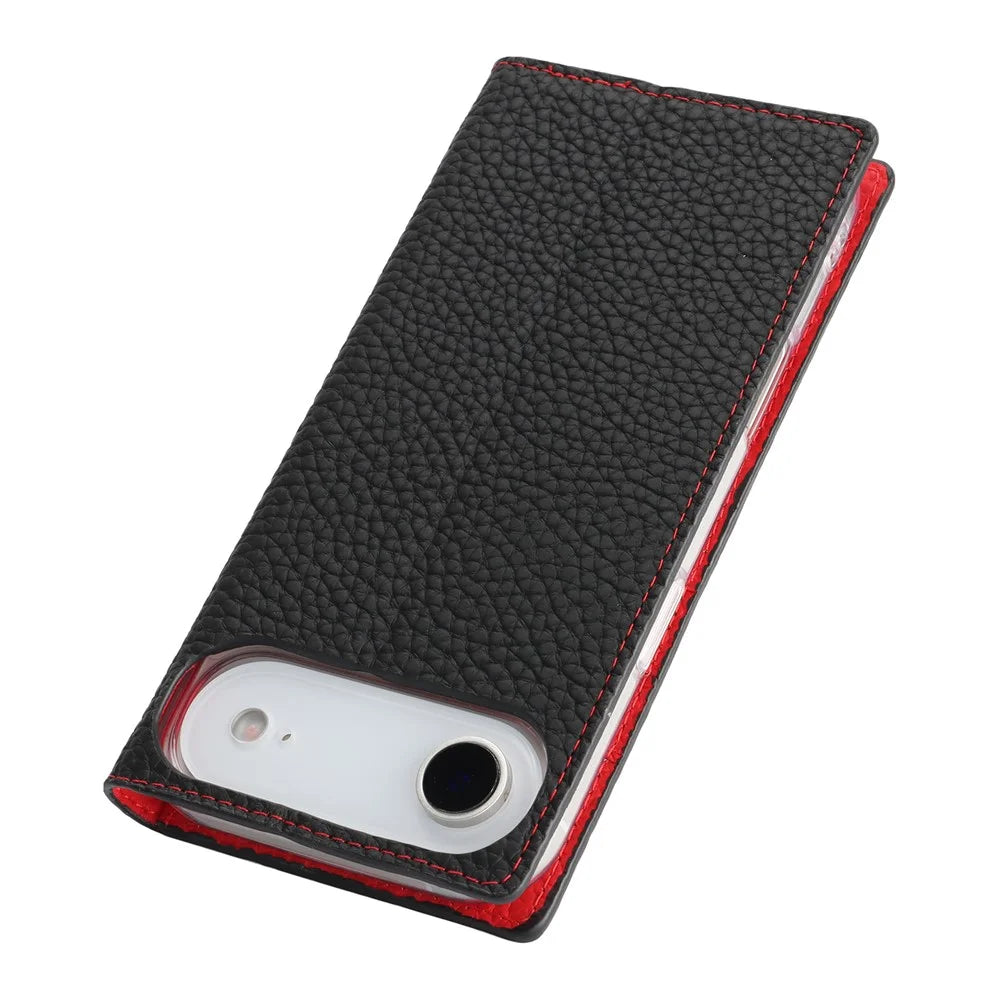 For iPhone Air Wallet Case Genuine Cow Leather Phone Cover Litchi Texture - Black - 5
