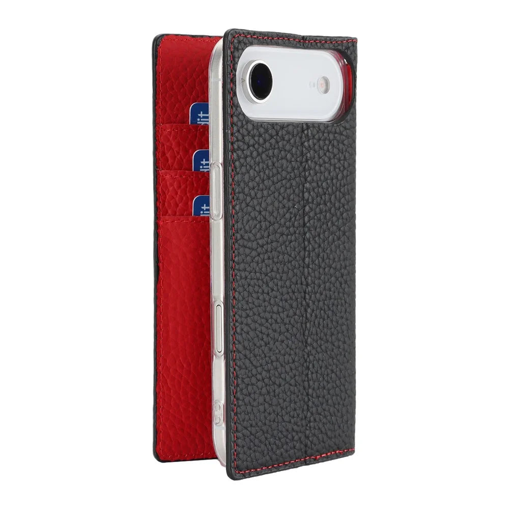 For iPhone Air Wallet Case Genuine Cow Leather Phone Cover Litchi Texture - Black - 7