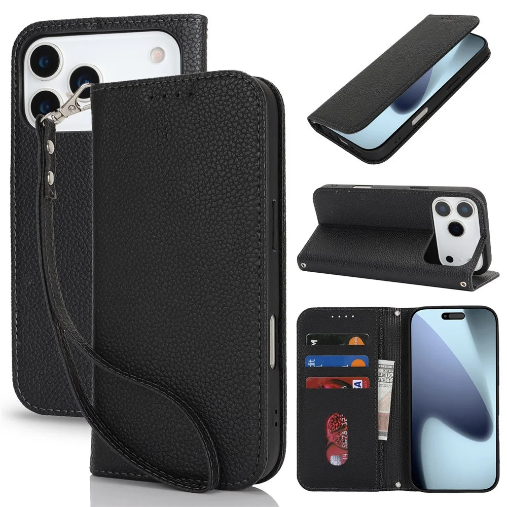 For iPhone 18 Pro Max / 17 Pro Max Case Stand Wallet Litchi Texture Leather Flip Phone Cover with Strap - Black - 1