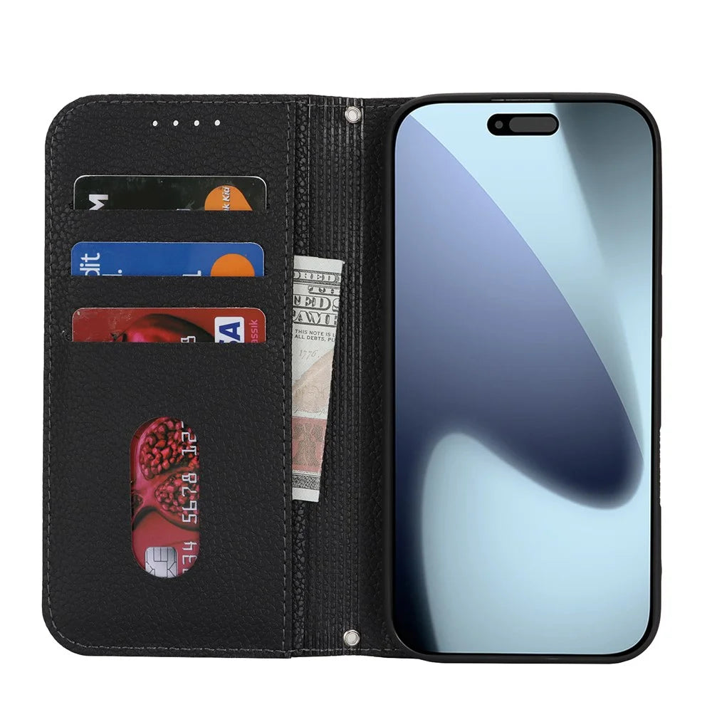 For iPhone 18 Pro Max / 17 Pro Max Case Stand Wallet Litchi Texture Leather Flip Phone Cover with Strap - Black - 2