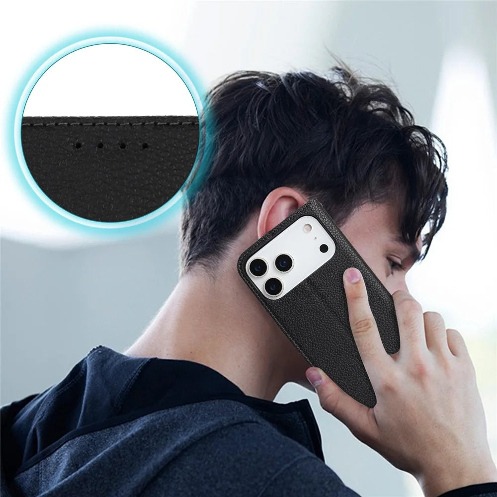 For iPhone 18 Pro Max / 17 Pro Max Case Stand Wallet Litchi Texture Leather Flip Phone Cover with Strap - Black - 6