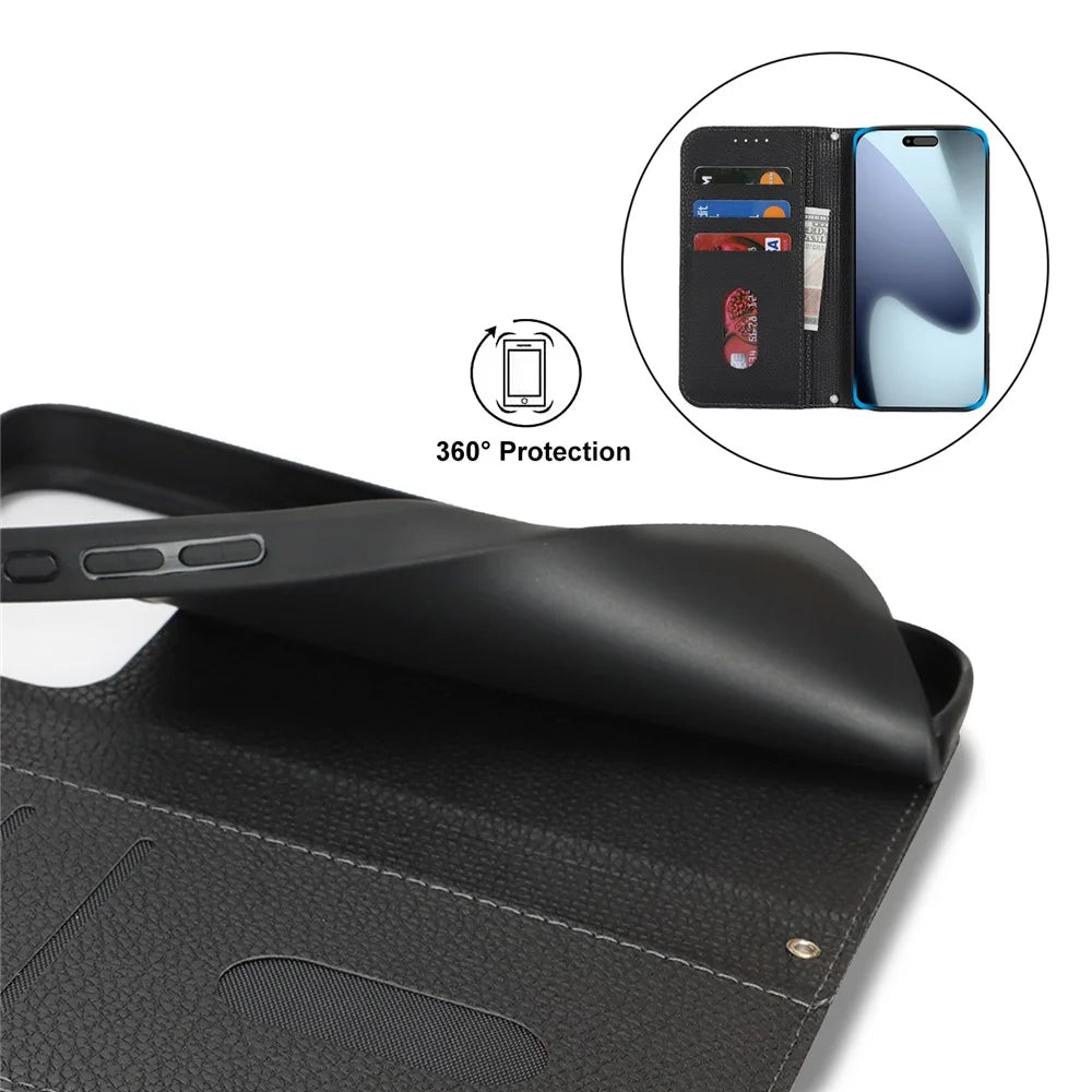 For iPhone 18 Pro Max / 17 Pro Max Case Stand Wallet Litchi Texture Leather Flip Phone Cover with Strap - Black - 7
