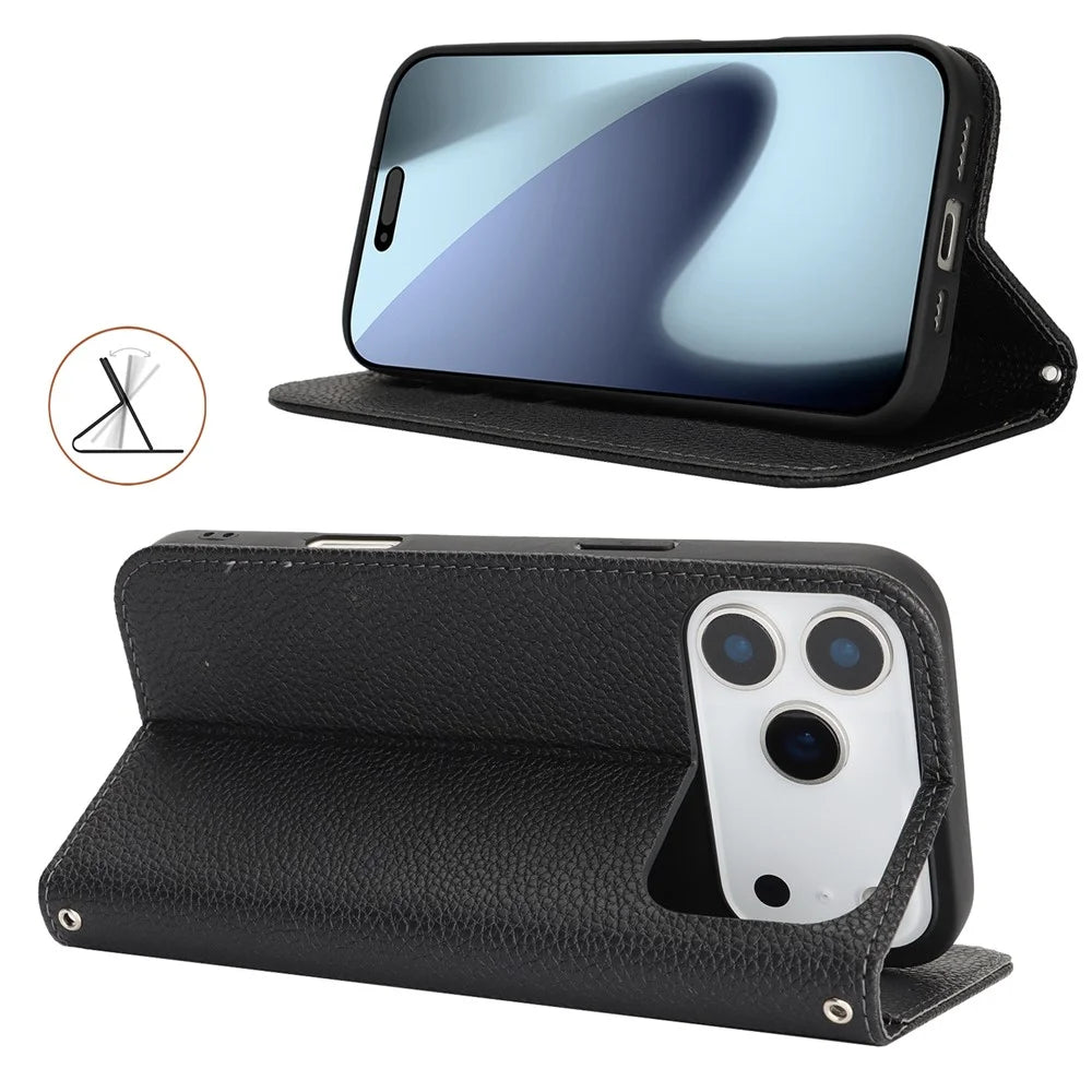 For iPhone 18 Pro / 17 Pro Case Stand Wallet Litchi Texture Leather Flip Phone Cover with Strap - Black - 3