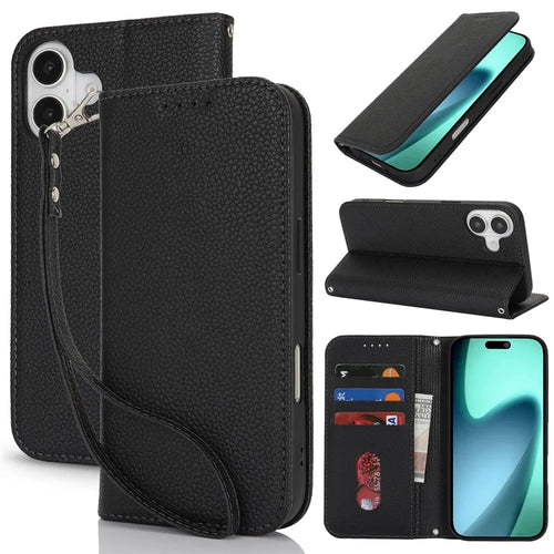 For iPhone 17 Case Stand Wallet Litchi Texture Leather Flip Phone Cover with Strap - Black - 1