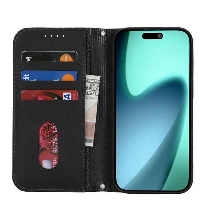 For iPhone 17 Case Stand Wallet Litchi Texture Leather Flip Phone Cover with Strap - Black - 2