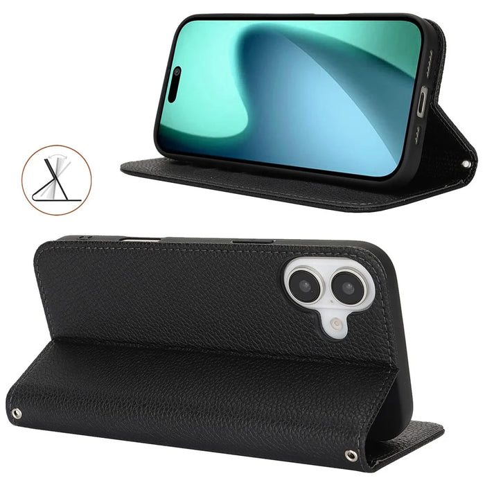 For iPhone 17 Case Stand Wallet Litchi Texture Leather Flip Phone Cover with Strap - Black - 3