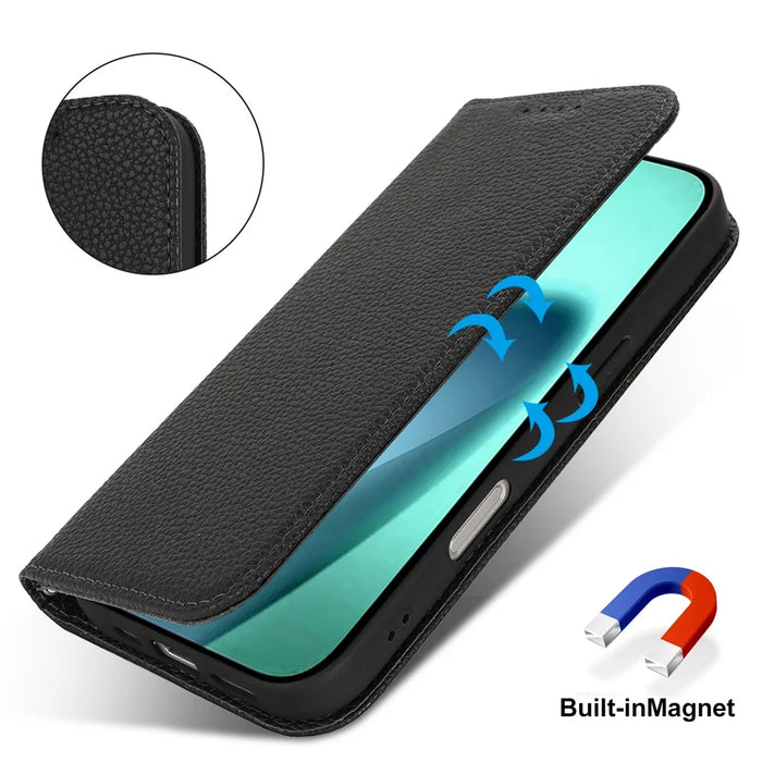 For iPhone 17 Case Stand Wallet Litchi Texture Leather Flip Phone Cover with Strap - Black - 5