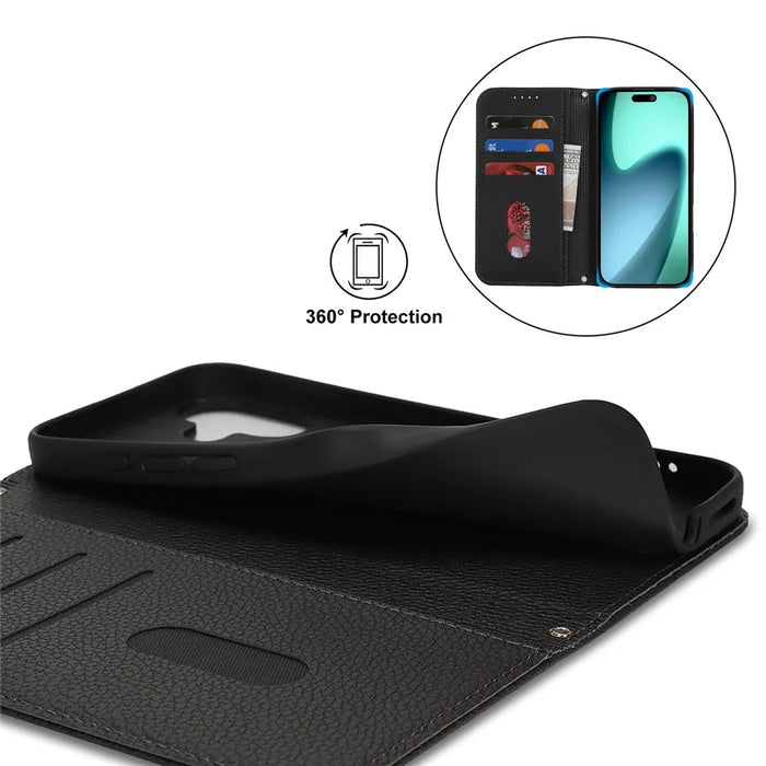 For iPhone 17 Case Stand Wallet Litchi Texture Leather Flip Phone Cover with Strap - Black - 6