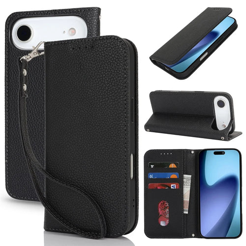 For iPhone Air Case Stand Wallet Litchi Texture Leather Flip Phone Cover with Strap - Black - 1