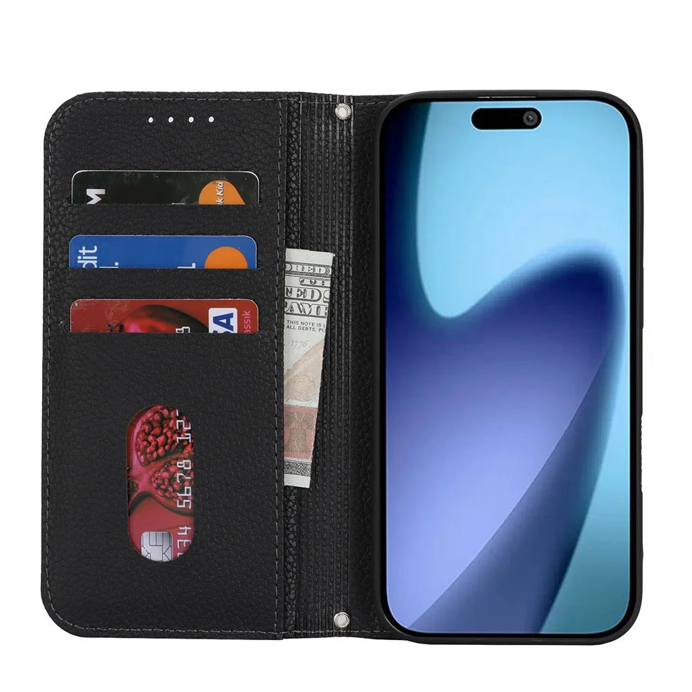 For iPhone Air Case Stand Wallet Litchi Texture Leather Flip Phone Cover with Strap - Black - 2