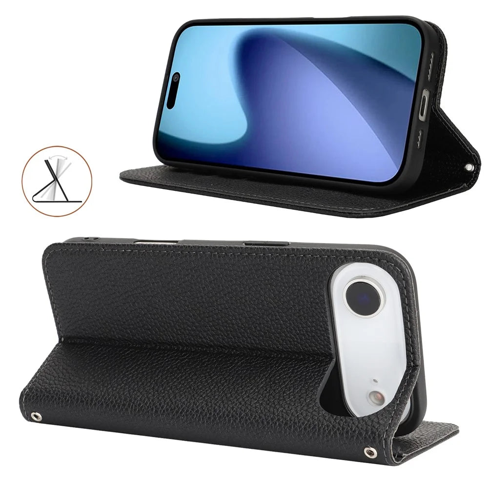 For iPhone Air Case Stand Wallet Litchi Texture Leather Flip Phone Cover with Strap - Black - 3